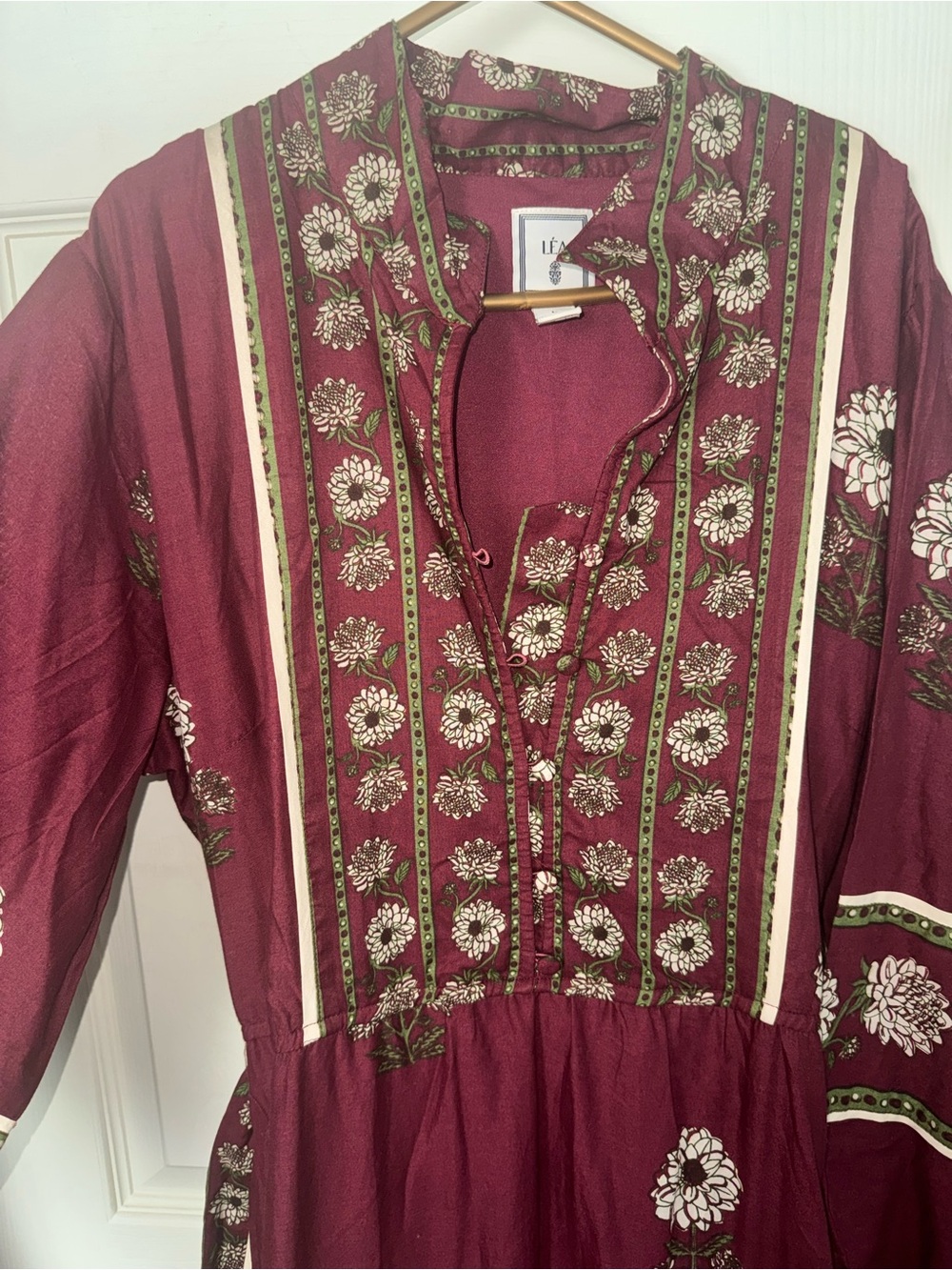 Bohemian Floral long sleeved and ankle length Dress in Burgundy w/ matching belt